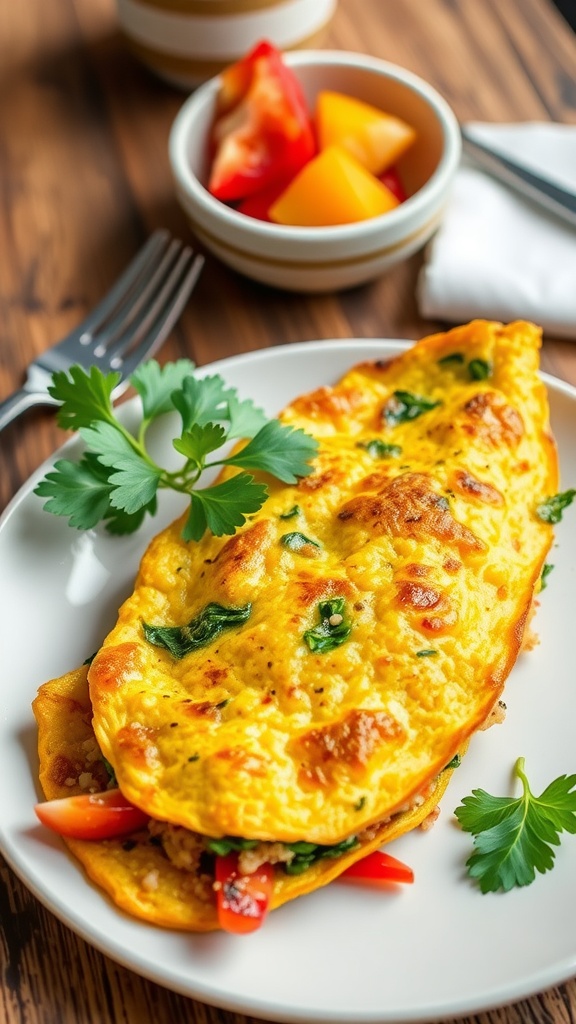 A colorful quinoa omelette filled with vegetables on a white plate, garnished with parsley.